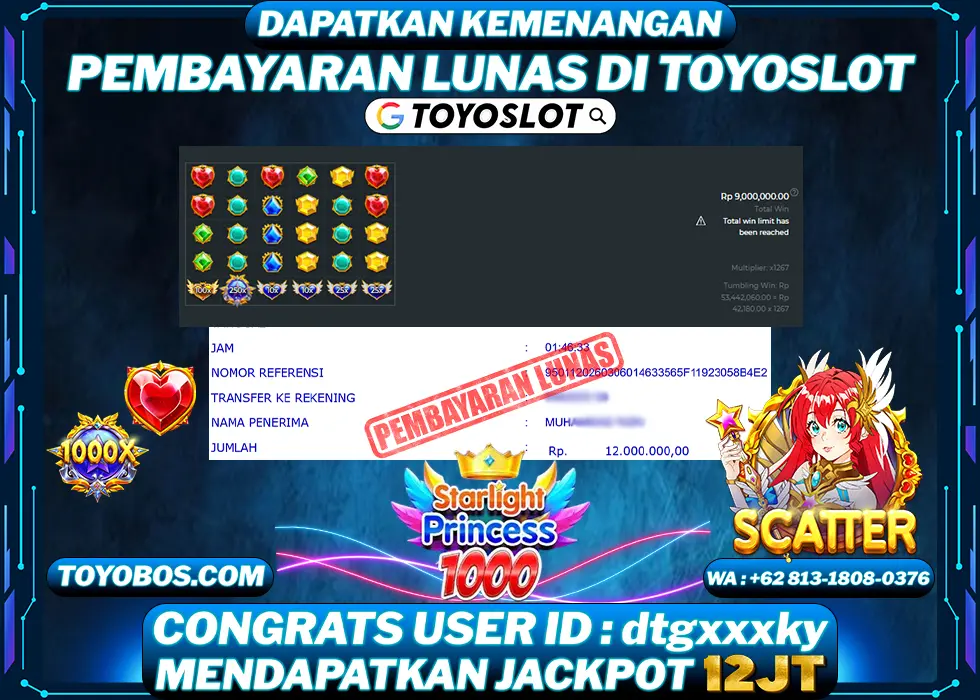 TOYOSLOT - BUKTI KEMENANGAN Starlight Princess 1000x Rp12,000,000,- LUNAS